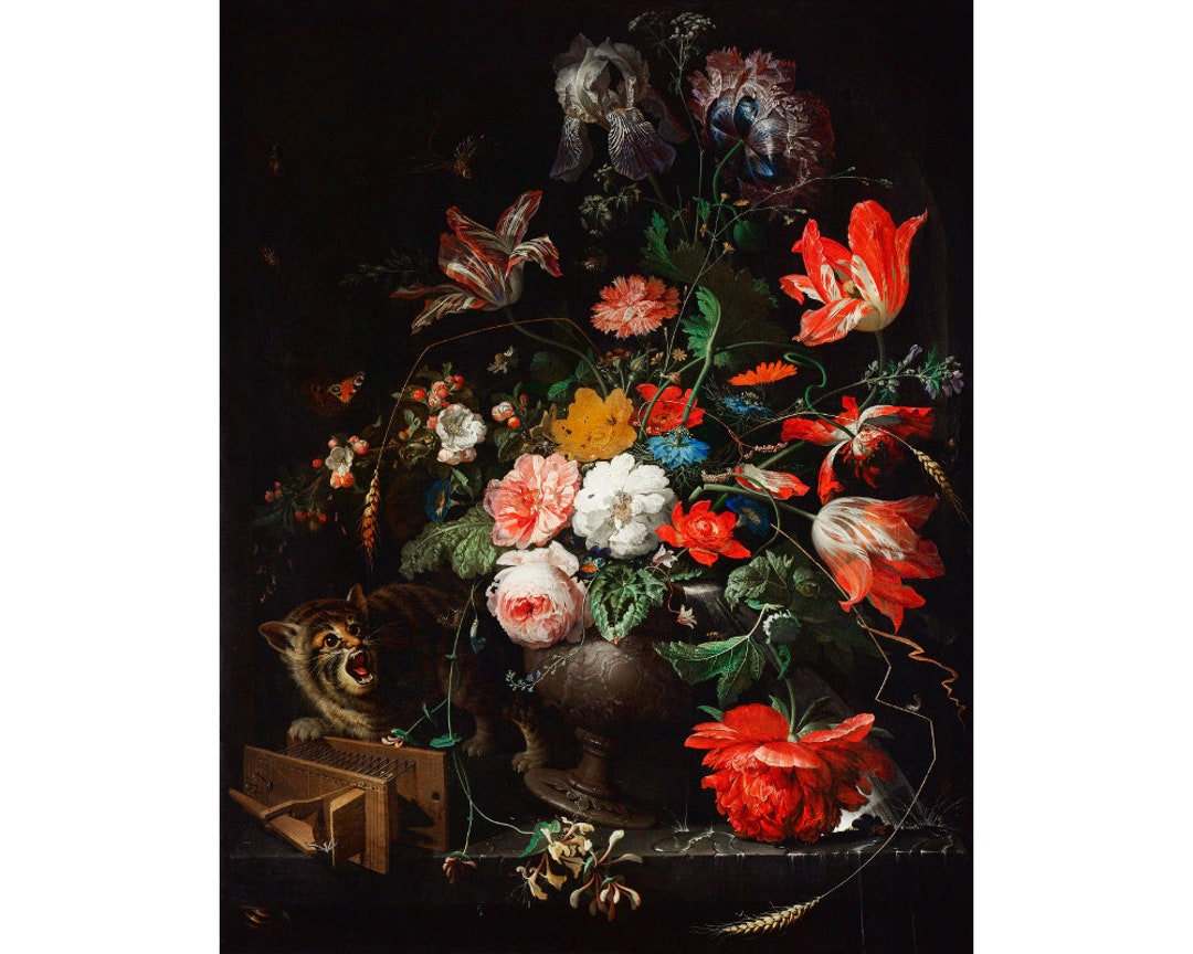 The Overturned Bouquet by Abraham Mignon Art Print, Still Life With Cat