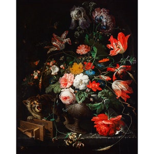 The Overturned Bouquet by Abraham Mignon art print, Still Life with Cat, Antique dark oil painting with animals, Dutch Golden Age fine art