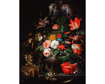 The Overturned Bouquet by Abraham Mignon art print, Still Life with Cat, Antique dark oil painting with animals, Dutch Golden Age fine art