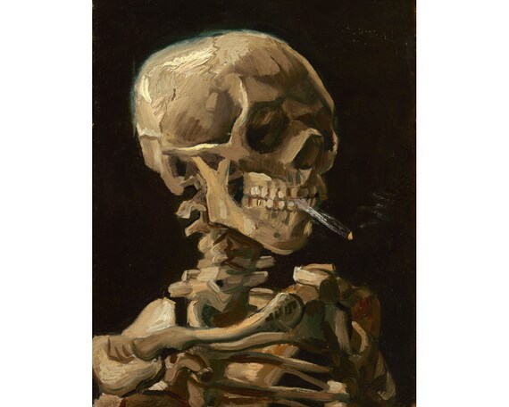 Impression d'art squelette fumeur, Vincent Van Gogh, peinture antique  memento mori, squelette avec cigarette allumée, joint fumeur squelette,