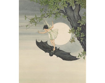 Vintage fairy riding a bat art print, Ida Rentoul Outhwaite illustration, Antique fairy tale wall art, Night, Full moon, Forest, Woodland