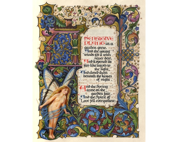 Romantic poetry art print, Illuminated manuscript, Percy Bysshe Shelley poem, Fairy art, Garden, Spring, Love poem, Romantic art, Ornate