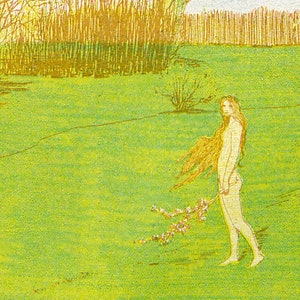 May include: A woman with long flowing blonde hair stands in a field of green grass. She is holding a bouquet of white flowers in her right hand. The background is a field of green grass and trees.