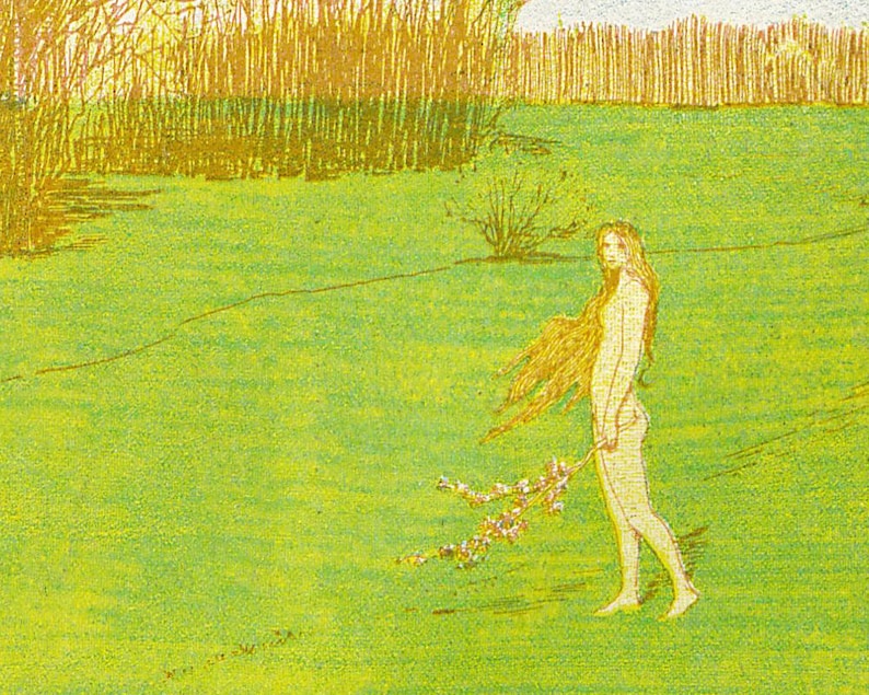May include: A woman with long flowing blonde hair stands in a field of green grass. She is holding a bouquet of white flowers in her right hand. The background is a field of green grass and trees.