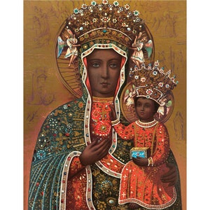 Impression d'art de la Vierge noire, Notre-Dame de Czestochowa, Vierge Marie noire, Jésus noir, art folklorique afro-américain, icône religieuse vintage