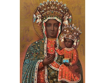 Black Madonna art print, Our Lady of Czestochowa, Black Virgin Mary, Black Jesus, African American folk art, Vintage Religious Icon