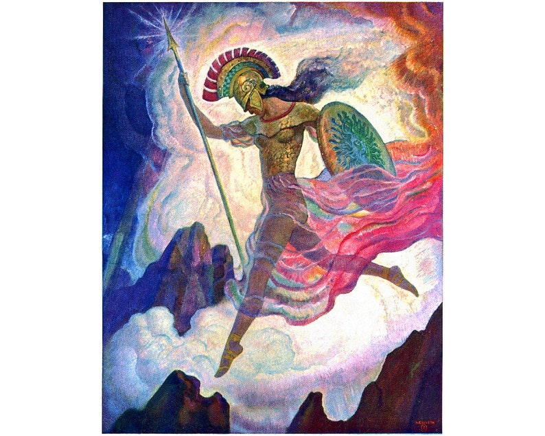 May include: A painting of a woman warrior with a spear and shield, wearing a golden helmet and a flowing red and purple robe. She is standing on a cloud with a mountain in the background.