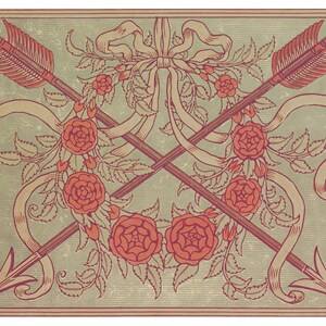 Lámina artística de flechas vintage, diseño art nouveau antiguo de Walter Crane, cuadro de dos flechas cruzadas, flecha de Cupido, arte mural de amor, rosas silvestres
