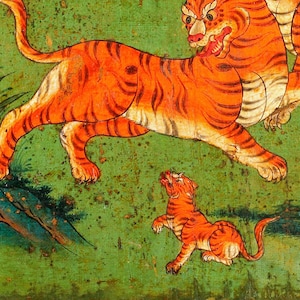 May include: A painting depicting a tiger and a tiger cub. The tiger is orange and black with white stripes. The cub is smaller and has a similar colour pattern. The background is green.