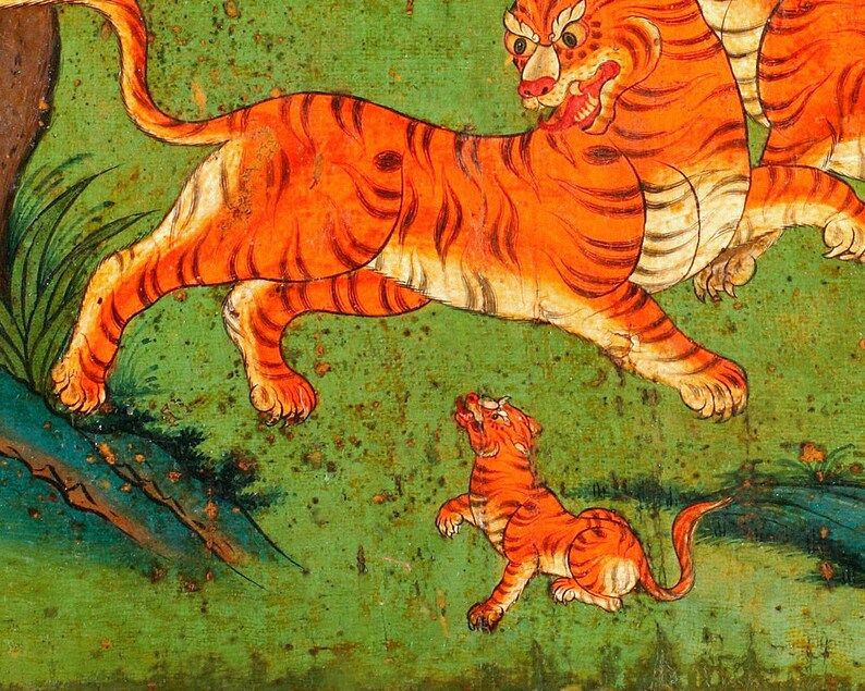 May include: A painting depicting a tiger and a tiger cub. The tiger is orange and black with white stripes. The cub is smaller and has a similar colour pattern. The background is green.