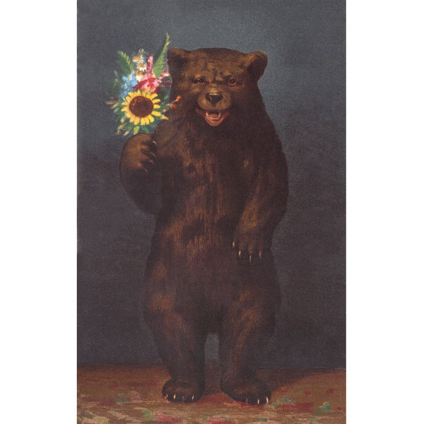 Vintage bear art print, Kitsch animal wall art, Grizzly bear painting, Flowers, Storybook, Fairy tale, Strange animals, Victorian postcard