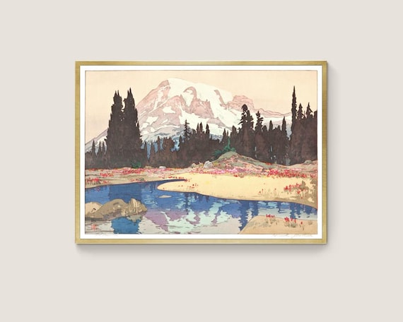 Mt. Rainier by Hiroshi Yoshida, Japanese woodblock print, Pacific Northwest wall art, Mountain landscape painting, Wilderness art print