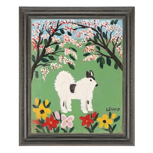May include: A framed folk art painting featuring a white dog with black spots standing in a green field. The scene includes colorful flowers and flowering trees under a blue sky. The artist's signature, "LEWIS," is visible.