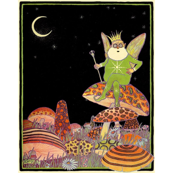 Vintage psychedelic mushrooms art print, King of the Fairies painting, Antique fairy wall art, Colorful, Crescent moon and stars, Strange