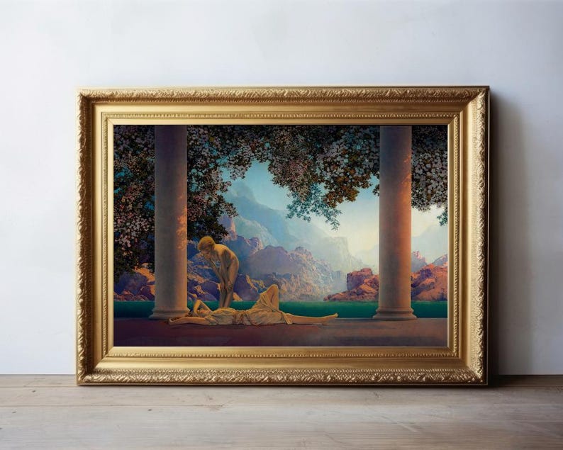 Maxfield Parrish Daybreak print, Mythological wall art, Morning, Dawn, Aurora, Nature Goddess art print, Women, Magical realism, Art nouveau image 1