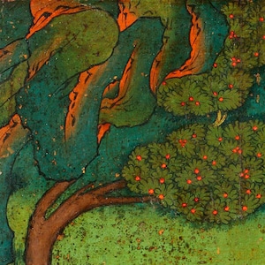May include: A painting depicting a tree with green leaves and orange branches. The tree is situated in a forest setting with a green background. The painting is executed in a traditional style.