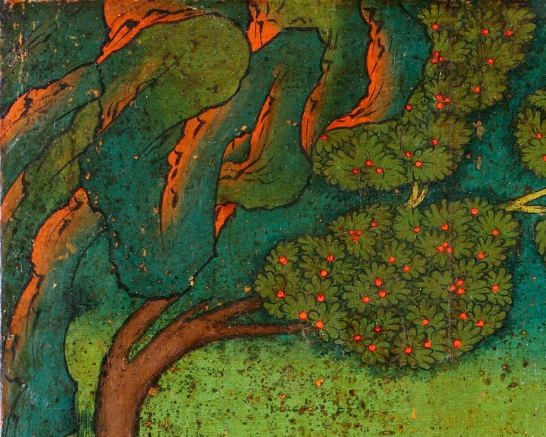 May include: A painting depicting a tree with green leaves and orange branches. The tree is situated in a forest setting with a green background. The painting is executed in a traditional style.