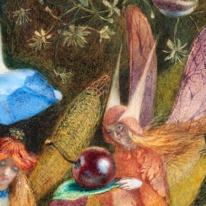 May include: A painting of two fairies in a forest setting. One fairy has red hair and is holding a red cherry. The other fairy has blonde hair and is wearing a red hat. The fairies are surrounded by green leaves and flowers.