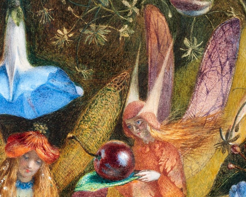 May include: A painting of two fairies in a forest setting. One fairy has red hair and is holding a red cherry. The other fairy has blonde hair and is wearing a red hat. The fairies are surrounded by green leaves and flowers.