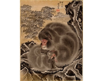 Monkey art print, Monkeys wall art, Japanese macaques, Snow macaque painting, Primate art, Antique Animal wall art, Vintage Animal poster