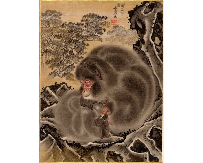 May include: A traditional Japanese painting depicting a mother monkey cradling her baby in a rocky, mountainous landscape. The painting is done in shades of gray and brown with accents of red and gold.