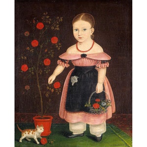 Folk art girl with cat painting, American folk art print, Little Girl in Lavender, Folk child portrait, Primitive Americana, Kitten, Roses