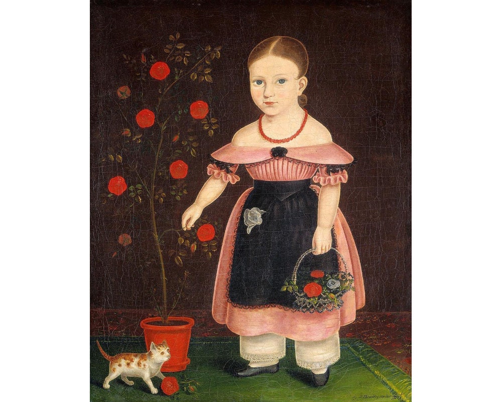 Folk Art Girl With Cat Painting American Folk Art Print Etsy