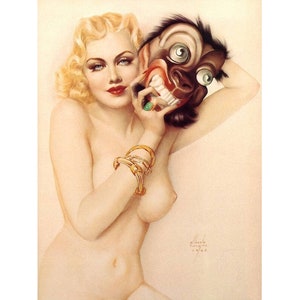 Vintage Alberto Vargas woman art print, Beauty and the Beast, Antique women wall art, Kitsch painting, Gorilla mask, Blonde, 1920s