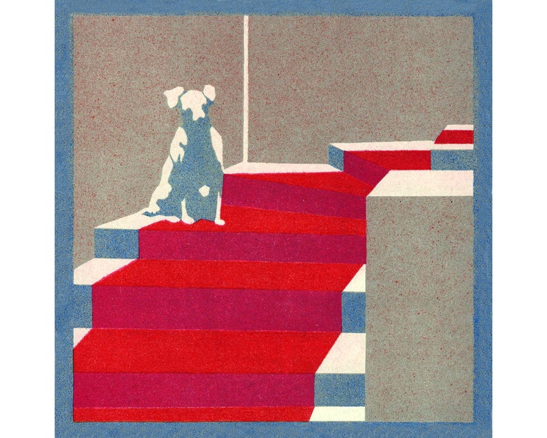 May include: A white dog sits on a red and white staircase. The staircase is made of geometric shapes and is set against a gray background.