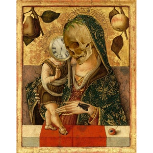 The Promise Keeper, Memento Mori art print, Surreal collage, Vintage religious icon, Death goddess, Skull, Clock, Nature, Strange wall art