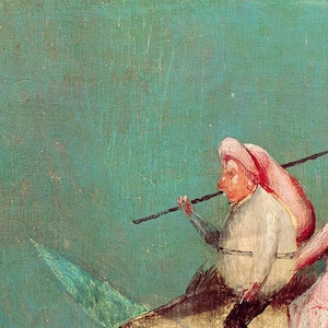 Op de afbeelding: Detail van een schilderij met figuren in historische kleding tegen een turquoise achtergrond. E&eacute;n figuur draagt een roze hoed en draagt een lange stok. Een andere figuur is gekleed in roze en wit.