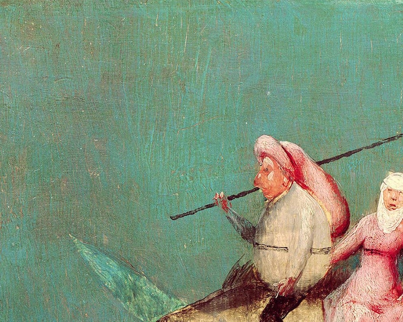 Op de afbeelding: Detail van een schilderij met figuren in historische kleding tegen een turquoise achtergrond. E&eacute;n figuur draagt een roze hoed en draagt een lange stok. Een andere figuur is gekleed in roze en wit.