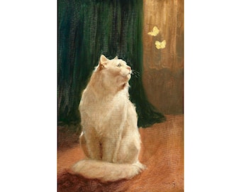 Antique cat painting art print, Arthur Heyer white cat with butterflies, Vintage cat wall art, Elegant, Beautiful, 19th century animal art