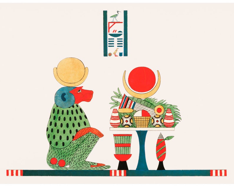 May include: A green and red stylized figure with a yellow crown kneels before a table with a red sun and crescent moon symbol. The table is decorated with green palm leaves, red and white striped cones, and a basket.