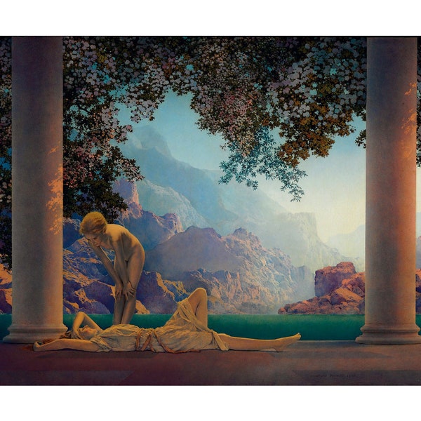 Maxfield Parrish Daybreak print, Mythological wall art, Morning, Dawn, Aurora, Nature Goddess art print, Women, Magical realism, Art nouveau