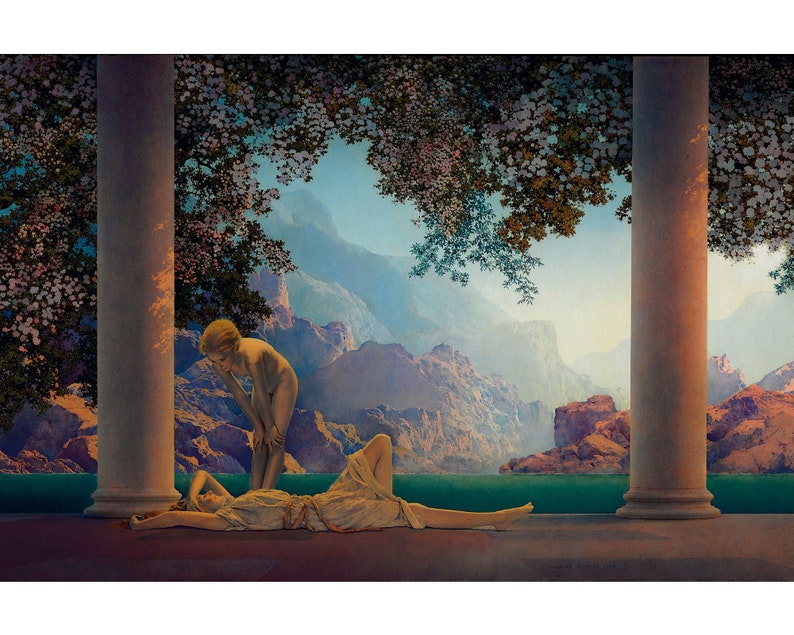 May include: A painting of two figures in a landscape setting. One figure is standing and looking down at another figure who is lying down. The figures are nude and the landscape is painted in a soft, muted palette of blues, greens, and browns.