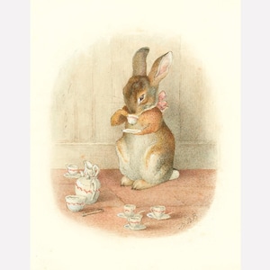 May include: A brown rabbit wearing a pink bow sits on a red floor and holds a small teacup. The rabbit is surrounded by a set of miniature teacups and a teapot.
