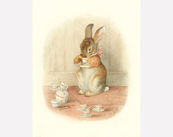 Beatrix Potter art print, A Rabbit's Tea Party, Storybook illustration, Bunny nursery art, Vintage children's decor, Antique rabbit wall art