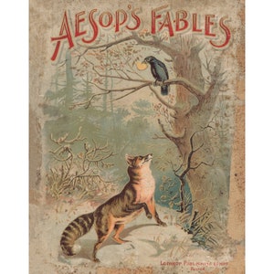 Old fable art print, Vintage Aesop&#39;s Fables illustration, Antique book cover, Fox and crow, Raven, Woodland wall art, Fairy tale painting