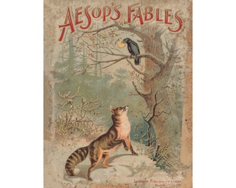 Old fable art print, Vintage Aesop's Fables illustration, Antique book cover, Fox and crow, Raven, Woodland wall art, Fairy tale painting