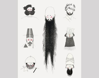 Bearded Men art print, Collection of men with beards, Vintage French illustration, Male portraits, Long beard man, Charles Martin drawing