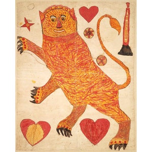 Antique folk lion fraktur print, Early American folk art, Folk animal painting, Primitive Americana, 19th century, Naive art, Obscure art