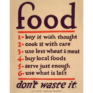 Vintage food poster, Buy it with thought, Don't waste it, U.S. Food Administration, Retro kitchen art print, WWII era, Conservation wall art
