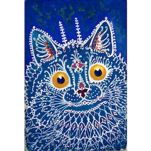 Cuadro vintage de gato, grabado de Louis Wain, gato caleidoscópico, arte marginal, arte mural psicodélico, gato de arte popular, arte único, inusual, gato azul