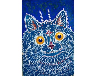 Vintage cat painting, Louis Wain print, Kaleidoscope cat, Outsider art, Psychedelic wall art, Folk art cat, Unique art, Unusual, Blue cat