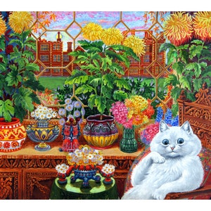 Vintage Louis Wain cat painting art print, Fancy white cat and colorful flowers, Kitsch cat illustration, Victorian animals wall art