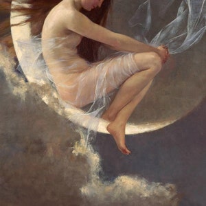May include: A woman in a white gown sits on a crescent moon, her long red hair flowing behind her. The moon is surrounded by clouds, and the background is a dark blue.