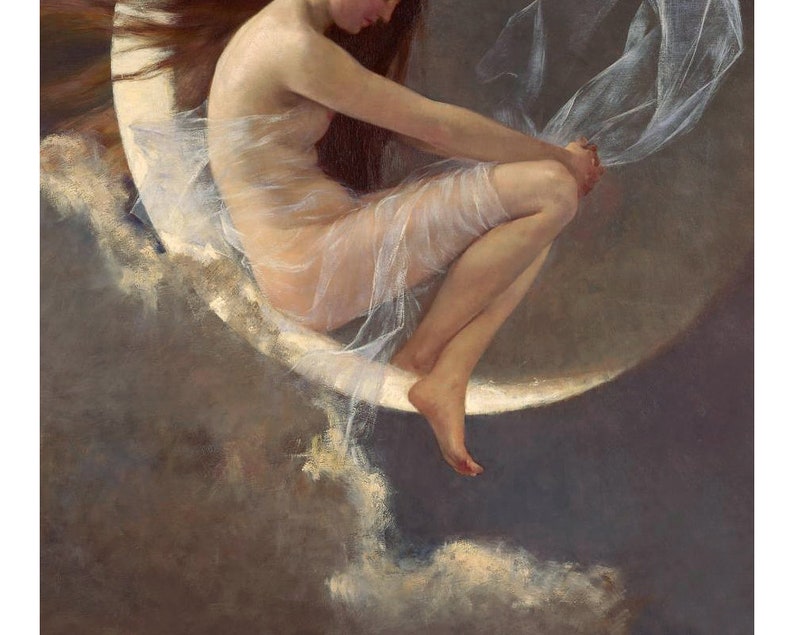 May include: A woman in a white gown sits on a crescent moon, her long red hair flowing behind her. The moon is surrounded by clouds, and the background is a dark blue.