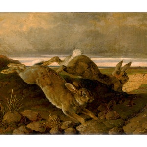 Antique rabbit painting fine art print, Hare oil painting, Vintage animal wall art, Wildlife, Cottontail rabbits leaping, Pastoral landscape