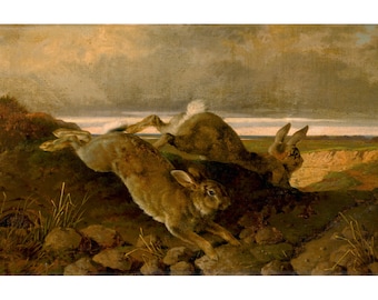 Antique rabbit painting fine art print, Hare oil painting, Vintage animal wall art, Wildlife, Cottontail rabbits leaping, Pastoral landscape